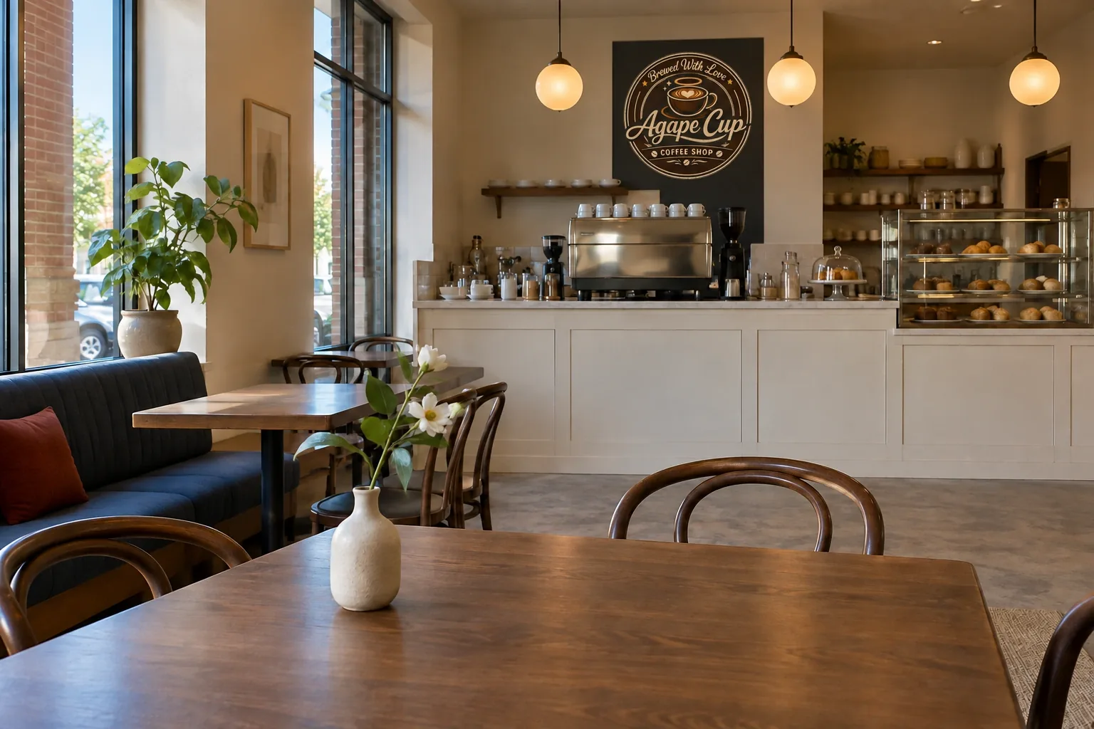 Imagined Agape Cup café interior with the full wall logo, walnut tables and blue seating