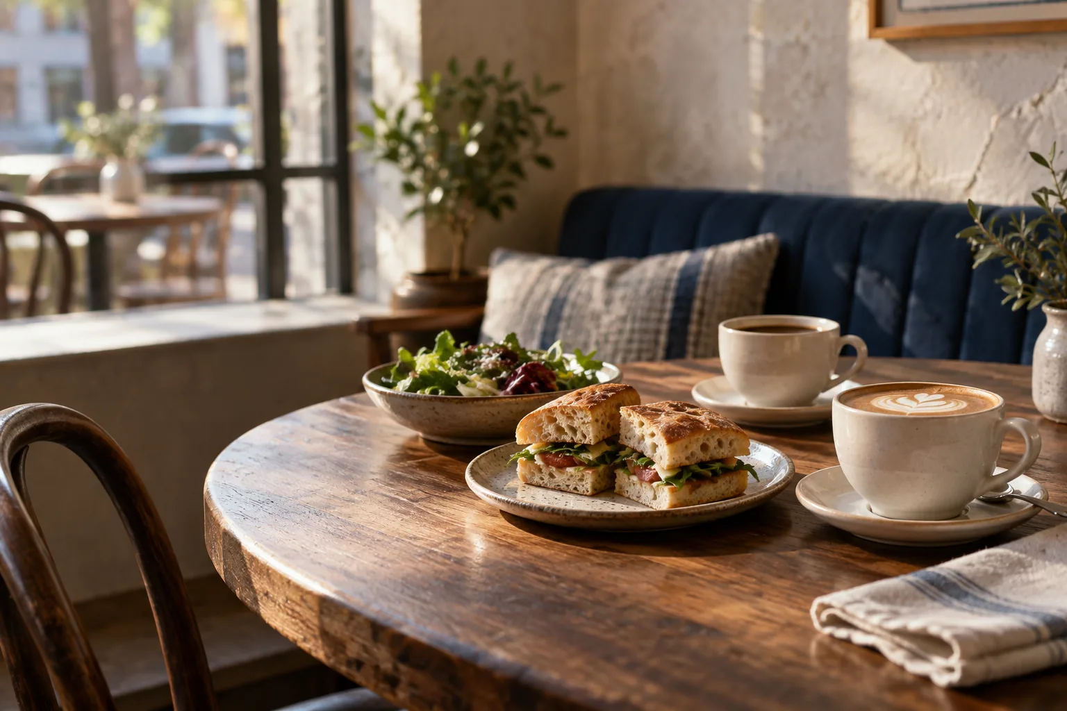 Ceramic coffee cups and a light lunch at a sunlit café table
