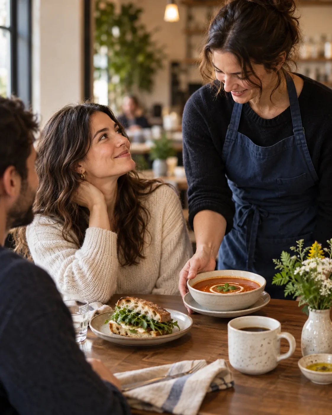 Imagined café host serving warm soup to guests sharing coffee and lunch