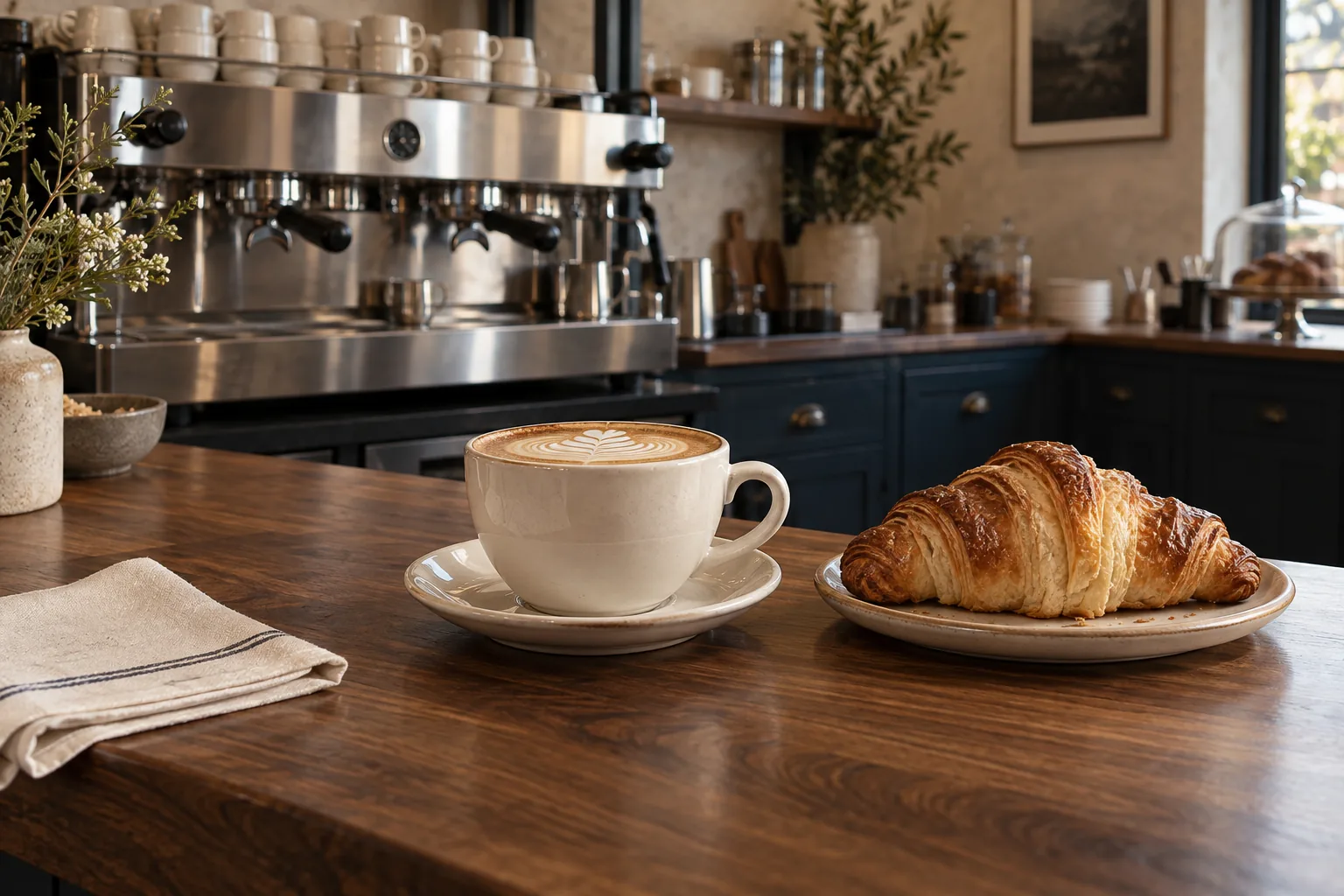 Cappuccino and croissant at a warm café counter