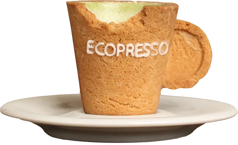 Original ECOPRESSO cookie cup with a bite revealing its pale icing-lined interior, photographed by its maker