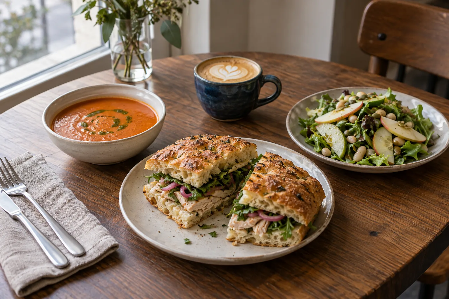 Soup, focaccia sandwich and green salad on a café table