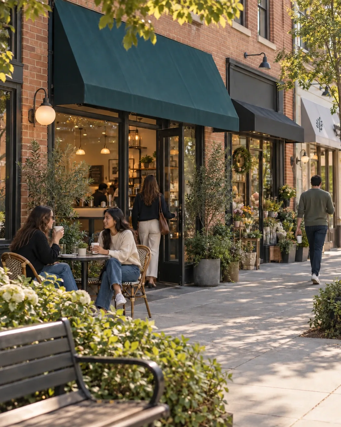 Imagined Agape Cup storefront with guests gathering outside and neighboring shops along a shared sidewalk