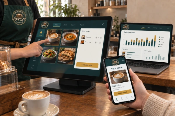 Concept visualization of a café POS in use, a mobile ordering app and a laptop sales dashboard